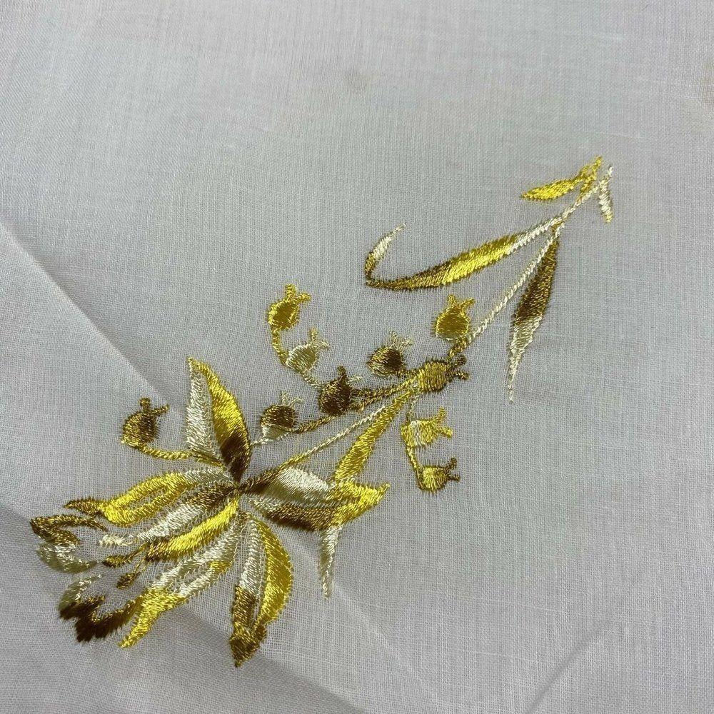 Vintage White Handkerchief With Embroidered Floral Bouquet Yellow Flowers Hanky